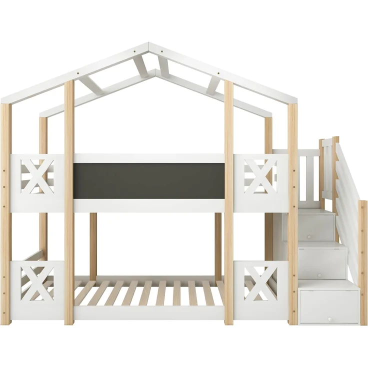 Etagenbett 90 x 200 cm,Kinderbett Baumhaus mit Treppe Stauraum und Rausfallschutz, Hochbett für Kinder– 2x Lattenrost- Natur & Weiß – Bild 10