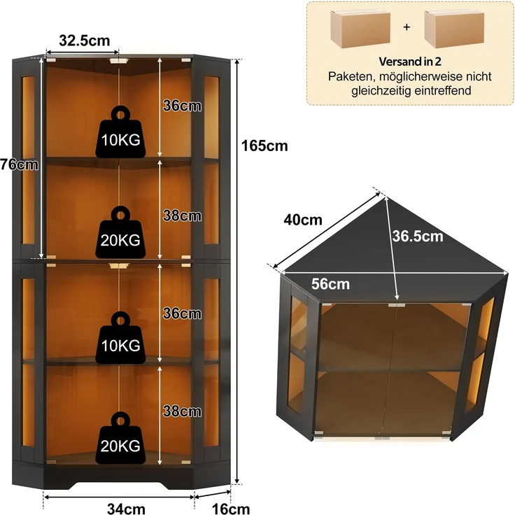 Merax 165 cm Glasvitrinenschrank mit LED, 4-stufiger Sicherheitsglas-Eckschrank, moderner Weinschrank, Schwarz – Bild 4
