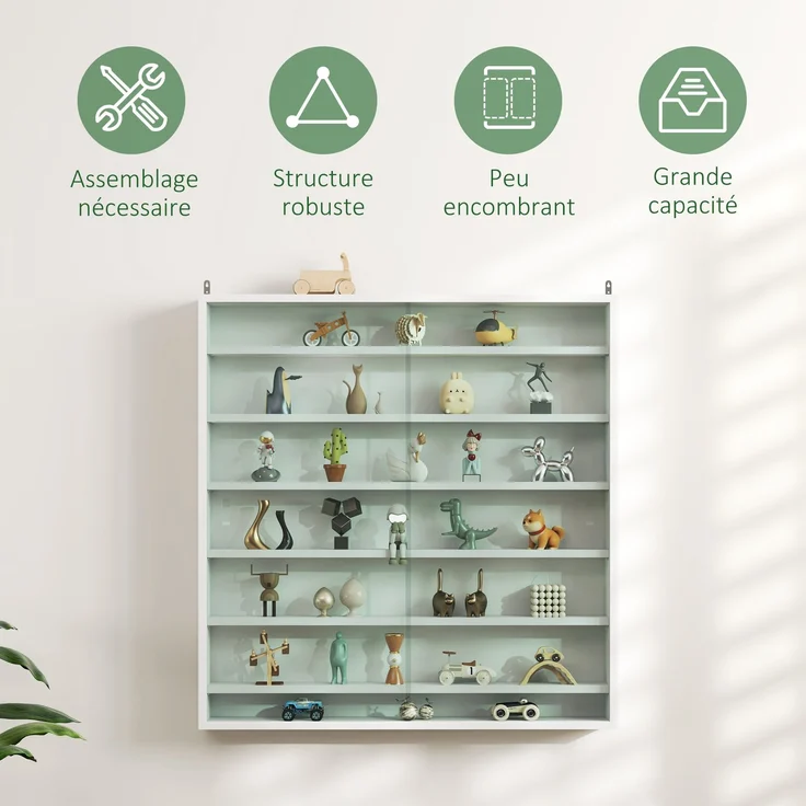 Wandvitrine für Sammlerstücke, 6 höhenverstellbare Böden, 2 Glasschiebetüren, 80 x 9,5 x 83 cm – Bild 8