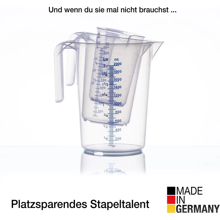 BigDean Messbecher-Set - 3 Größen: 500ml, 1L, 2L - bruchsicher, temperaturbeständig, farbige Skala transparent & blau - aus PP-Kunststoff lebensmittelecht - Made in Germany – Bild 4