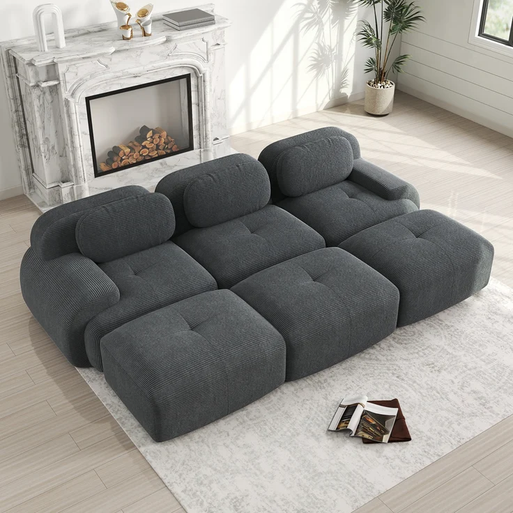 Modulares 3-Sitzer-Sofa mit 3 Hockern aus Cordstoff,montagefreie Lieferung haustierfreundlich ultra-breite Armlehnen 32D hochelastische Polsterung für Wohnzimmer und Heimkino,Cordstoff,Grey, – Bild 2
