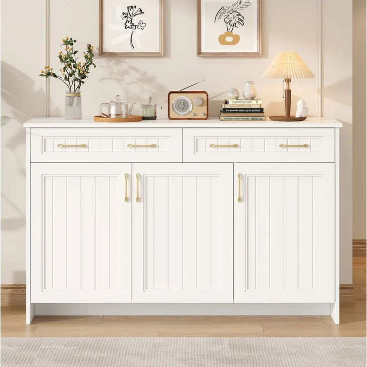 Sideboard 140 x 40 x 90 cm in Weiß mit 2 Schubladen, 3 Türen und verstellbaren Einlegeböden – Bild 3