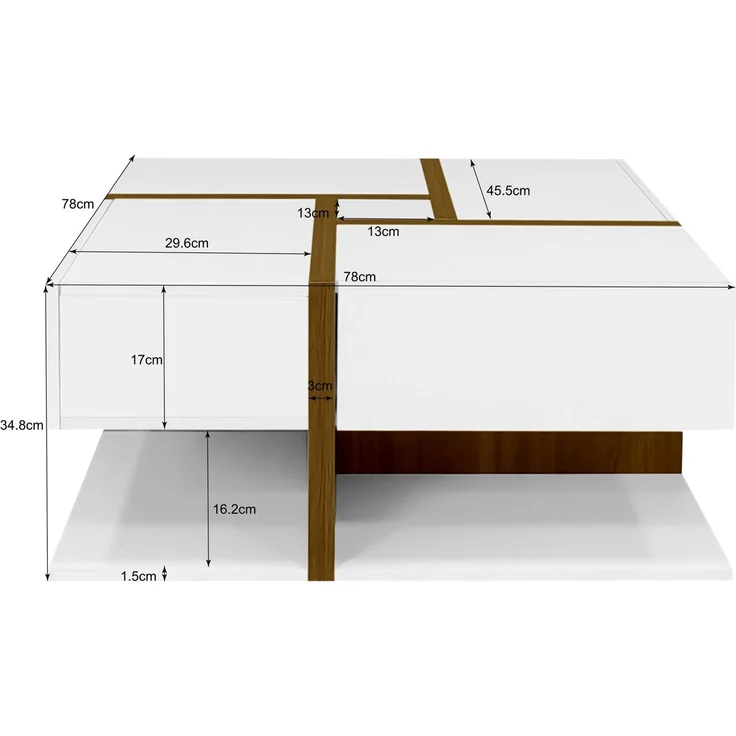 Merax Hochglanz-Couchtisch, Tisch mit 4 Schubladen, einzigartige Farbabstimmung und Liniendesign, Stauraum unten. 78*78*34,8cm, Weiß und Holzfarbe – Bild 4