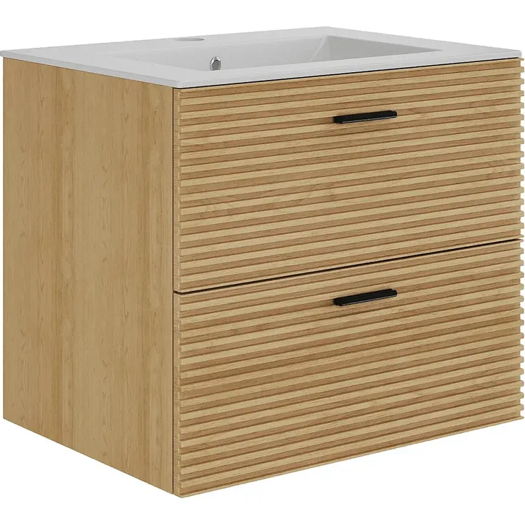 Vente-unique - Badezimmermöbel geriffelt hängend mit Einbauwaschbecken - 2 Schubladen - Natur hell - 60 cm - SARONE
