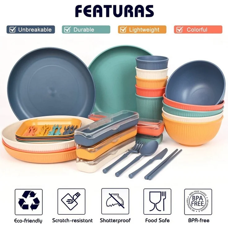 OSTWOLKE Geschirr-Set Camping Geschirr Besteckset Geschirrset Outdoor Besteck 5 Personen (1-tlg), 5 Personen, PP + Weizenelement, Geschirr-Set, Tafelservice, Spülmaschinenfest – Bild 3