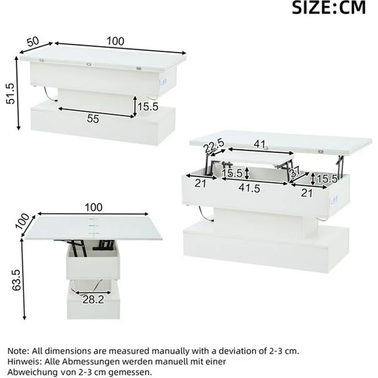 STILVORA Couchtisch mit Steckdose,anhebbarer Wohnzimmertisch Sofatisch mit LED-Licht (höhenverstellbar Sofatisch, Satztisch, Beistelltisch, 1-St, 100*50*51.5cm), mit LED, Steckdose, USB-C und USB-Ladebuchse – Bild 4