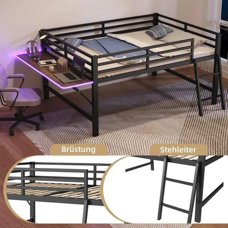 Merax 140 x 200 cm Kinderbett, Metallbett, Ohne Matratze, Geländer, Leiter, Schreibtisch, LED-Lichtband, Schwarz – Bild 3
