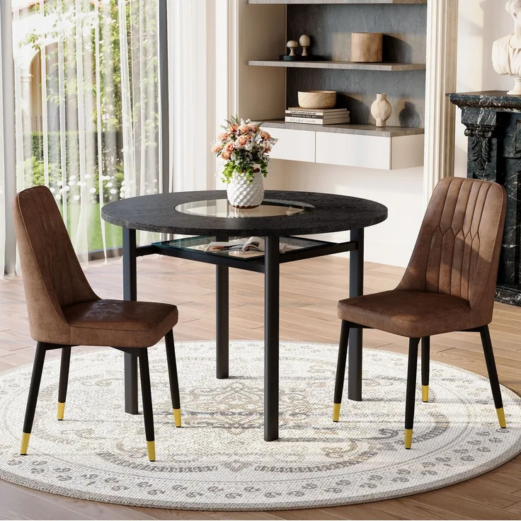 Essgruppe mit 2 Stühlen, runder Tisch Ø 100x76 cm mit Glasablage, Braun/Schwarz