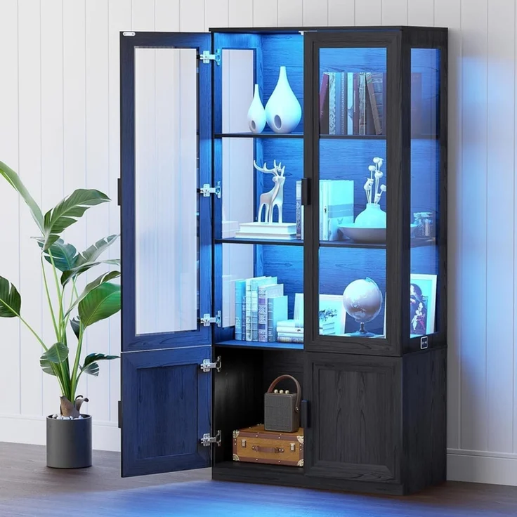 Vitrinenschrank mit 3 offenen Regalen und Acryl-Türen, LED-Beleuchtung und Magnetverschluss, Schwarz – Bild 2