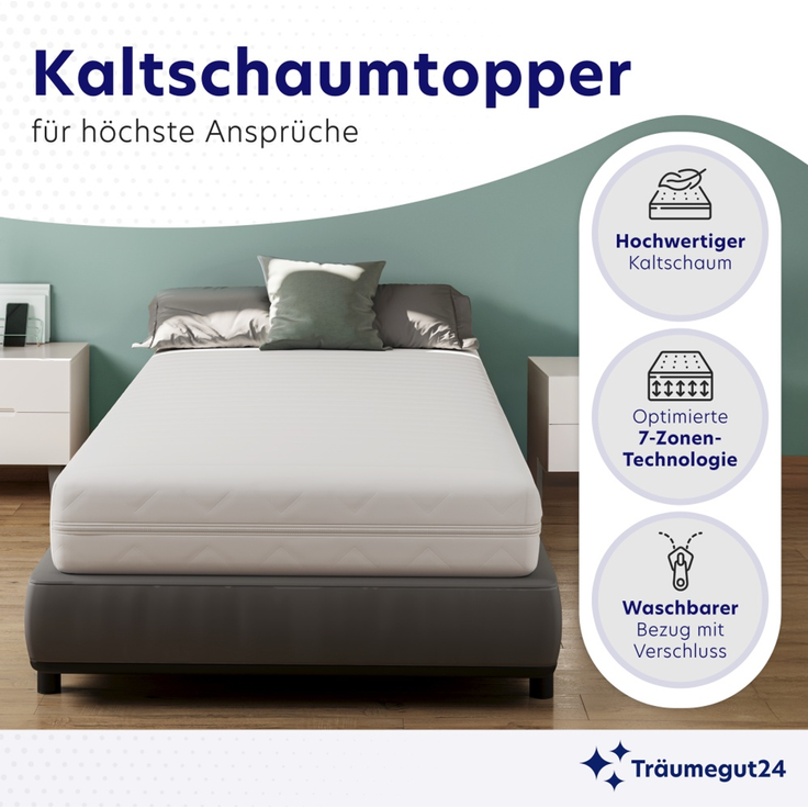 Träumegut24 - 10 cm ergonomischer 7-Zonen Kaltschaum Topper 140 x 200 cm Härtegrad H2 : 140 x 200 cm : H2 : 10 cm – Bild 4