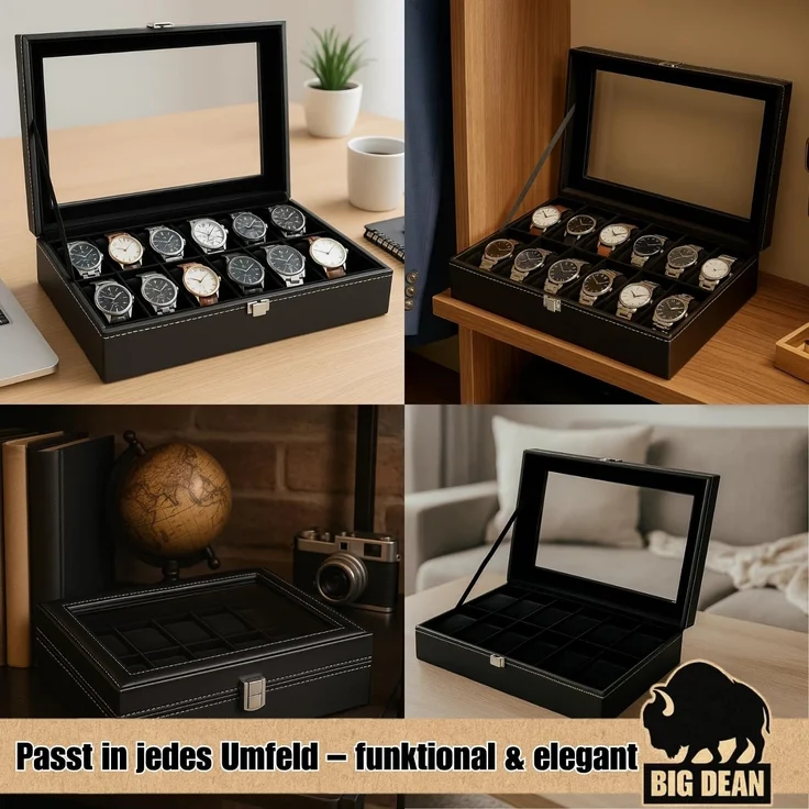 BigDean Uhrenbox für 12 Uhren Glasdeckel - schicke Uhrenbox Herren Watch Box (Packung, 1 St, Uhrenbox), Edle Optik, Kunstleder, Sammler, Samtfutter – Bild 6