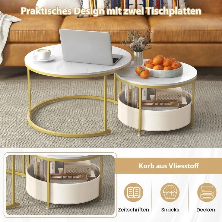 COSTWAY Couchtisch (2er Set), rund Satztisch Marmor mit Korb gold – Bild 3