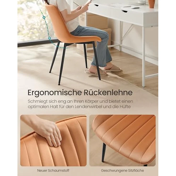 SONGMICS Esszimmerstuhl 2er Set, Küchenstuhl, Samt,Polsterstuhl, bis 120 kg belastbar, Stahlbeine, Gebogene Rückenlehne, für Esszimmer, Küche, karamellbraun-tintenschwarz LDC090K01 – Bild 6