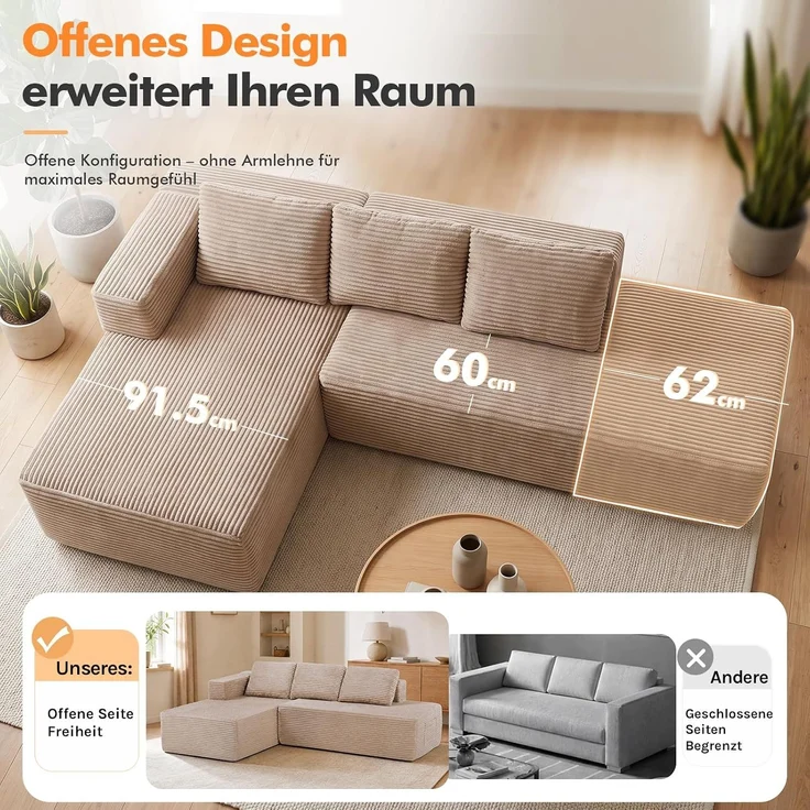 COMHOMA Ecksofa mit Schlaffunktion, 255cm Corduroy Modulares Boneless Couch mit Chaiselongue & Rücken-Metallgestell, L-Form Schlafsofa mit offenem Design, Kissen & Seitentaschen,für Wohnzimmer, Beige-R – Bild 11