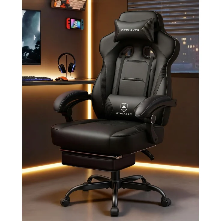 GTPLAYER Gaming Stuhl mit Fußstütze, Ergonomischer Bürostuhl 180kg, Schwerlast Gaming Sessel mit Lendenwirbelstütze und Kopfstütze, Höhenverstellbarer Computerstuhl, Gepolstert, neigbare 155°, schwarz – Bild 6