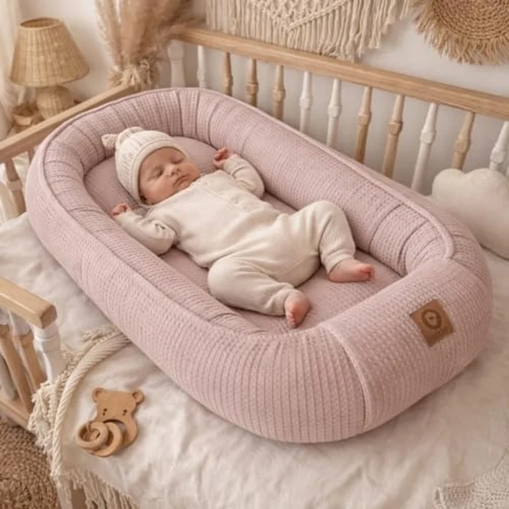Babynestchen Neugeborene – Babynest aus Waffelpique Baumwolle – Nestchen Baby für Babybett & Kinderbett – Babykokon Tragbar – OEKO-TEX zertifiziert – Zubehör Babybett - Rosa Waffelpique – Bild 2