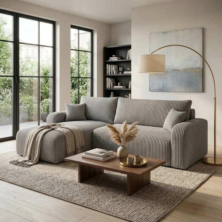 Wohnero24 Habana Ecksofa 251x153 cm mit Schlaffunktion 207x133 cm – Eckcouch mit Bettkasten – Cord Hellgrau Sofa L-Form – Wohnlandschaft Modern – Universal Montierbar – Bild 1