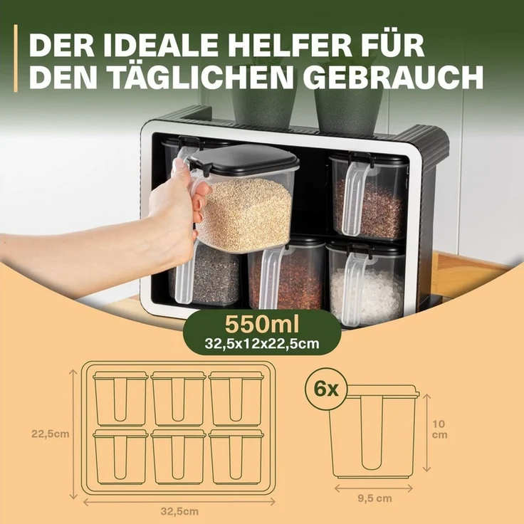 Viwares Gewürzbehälter platzsparendes Gewürzregal mit Aromaschutz, 550ml, (Set, 6-tlg, 6er), Mit Wandhalterung und Löffeln – Bild 2