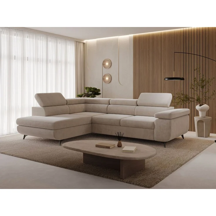 GRAINGOLD Ecksofa ARGON mit Bettfunktion, Bettkasten, Einstellbaren Kopfstützen, Velvet-Stoff, Beige, Links – Bild 3