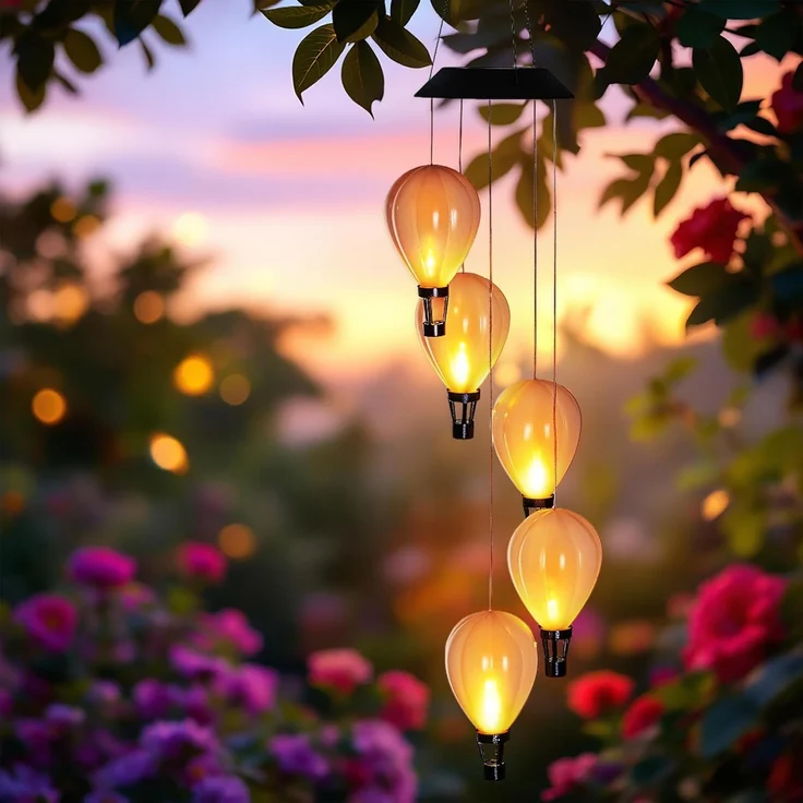 Spetebo LED Dekolicht Solar LED Windspiel mit 5 beleuchteten Heißluftballons - 82 cm, Solar betrieben, LED fest integriert, warm weiß, warm weiß mit Flammeneffekt – Bild 1