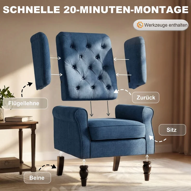 HOMCOM Einzelsessel, Polyester, Holz, Blau, B74 x T86 x H102 cm – Bild 7