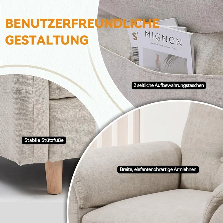 COMHOMA Relaxsessel Fernsehsessel mit Verstellbarer Rückenlehne 4-Gang-Verstellung bis 160°,Federkissen mit Hocker Einzelliege Sessel Wohnzimmer Schlafzimmer Heimkino Leinen, BEIGE – Bild 7