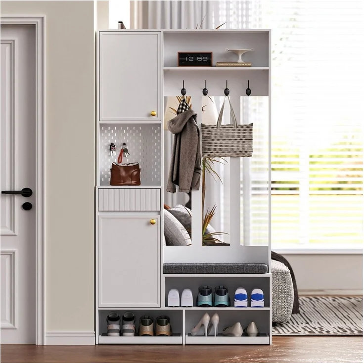 Merax Garderoben-Set Komplett-Set, (Kompaktgarderobe, 1-St), Flurgarderobe mit Sitzbank,4 Haken,Türen & Schubladen, B100×H180×T35cm – Bild 1