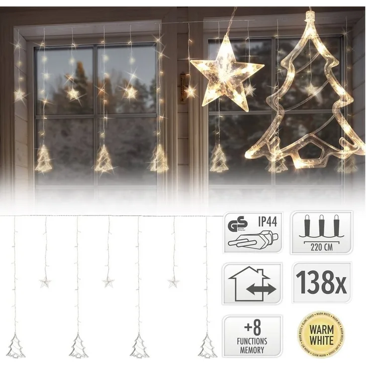 LED-Vorhang, 138 warmweiße LEDs, Stern und Tannenbaum