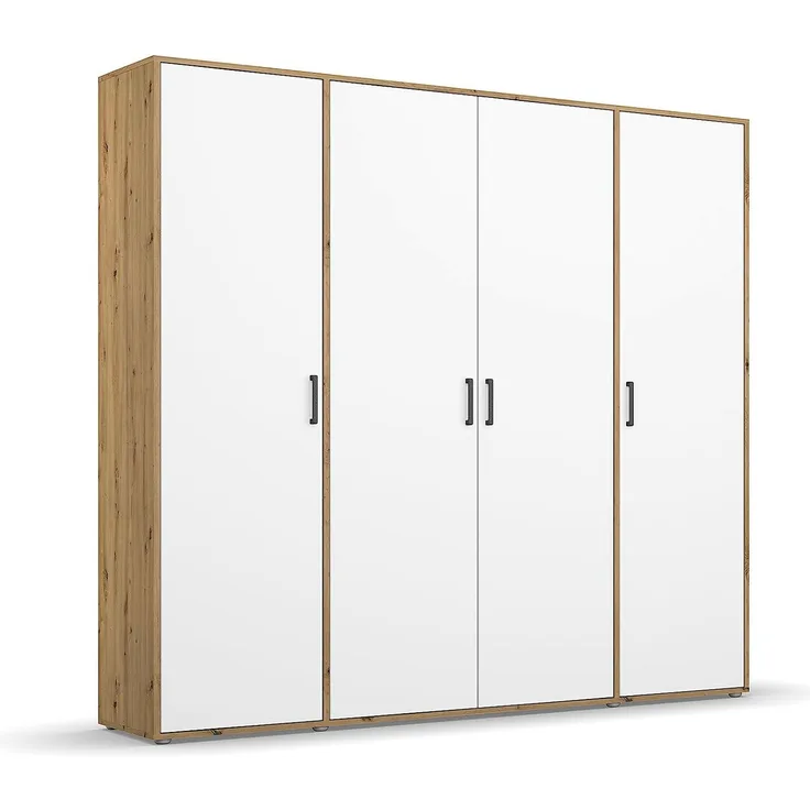Rauch Möbel Voyager Schrank Kleiderschrank Drehtürenschrank, Alpinweiß/Eiche Artisan, 4-türig, inkl. 1 Kleiderstange, 7 Einlegeböden BxHxT 187x194x53 cm