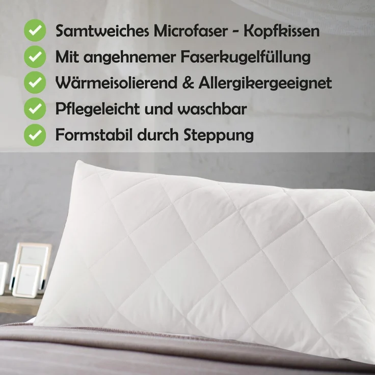 Hochwertiges Kopfkissen 40x80cm (400 silik. PES-Kügelchen Füllung), maschinenwaschbar bis 95 Grad und Hausstauballergiker geeignet – Bild 2