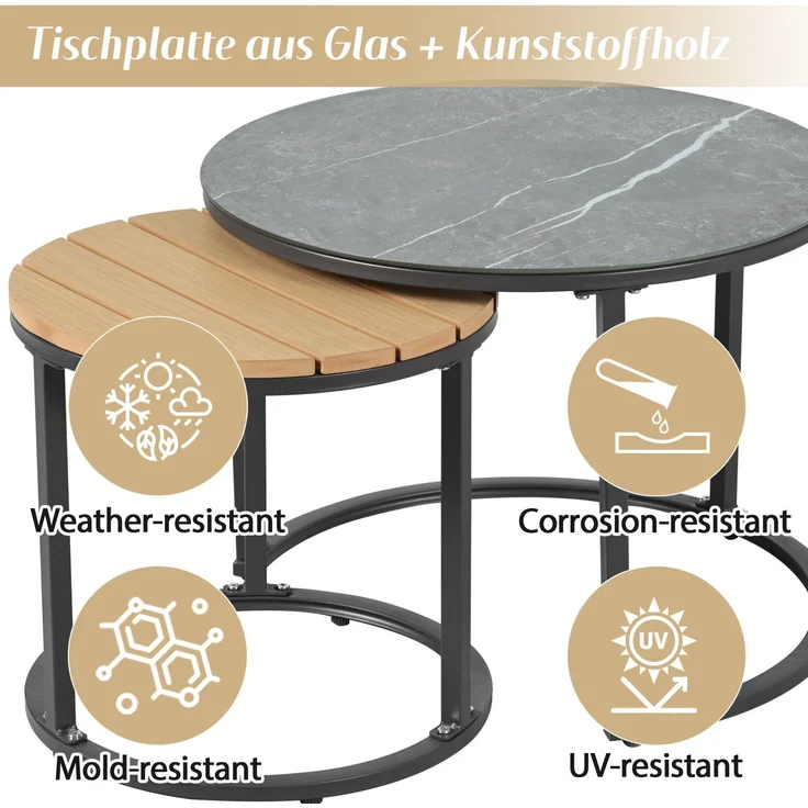 Merax Gartenlounge-Set, Gartenmöbel-Set mit bequemen Kissen, mit 2 Couchtische, Marmor lackierte Glasplatte und Kunststoff-Holzplatte, graubeige – Bild 8