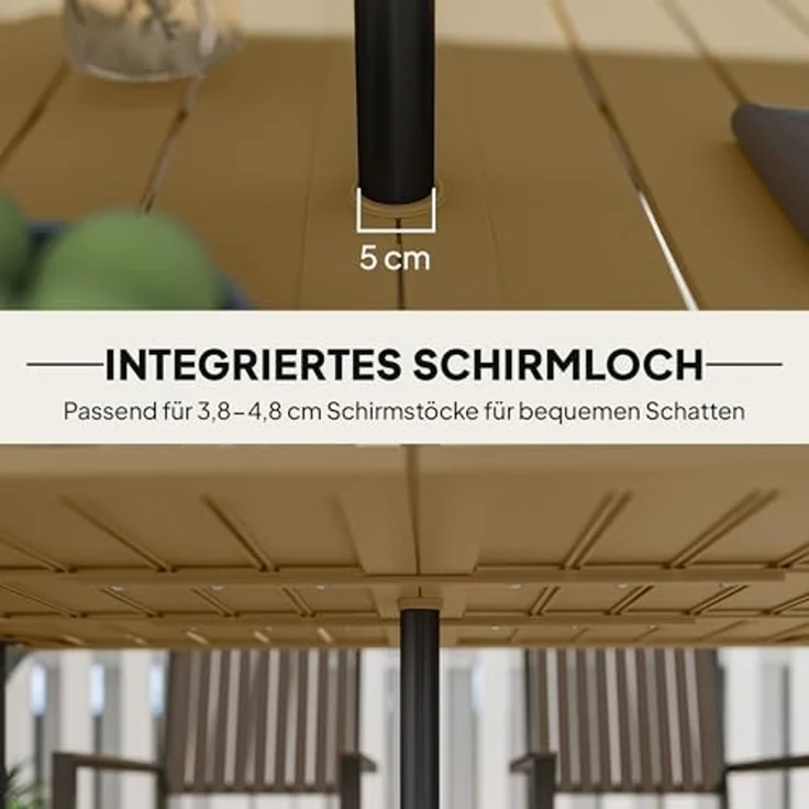 Outsunny Gartentisch mit Schirmloch, Lamellendesign (Campingtisch aus Stahl, 1-St, Balkontisch), für Garten, Balkon, Braun – Bild 5