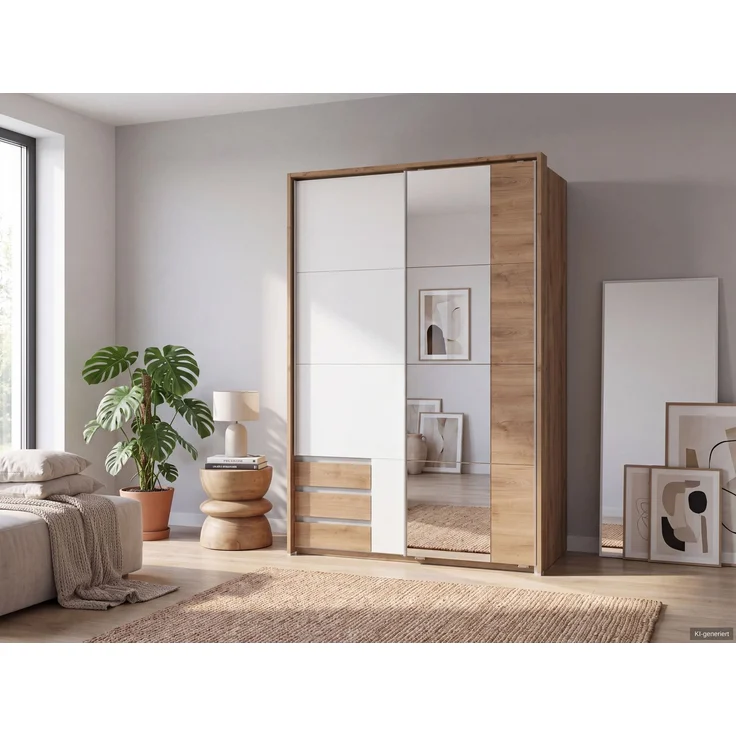 Schwebetürenschrank 2trg. Kleiderschrank 138 cm Eiche Weiß Spiegel Passepartout – Bild 3