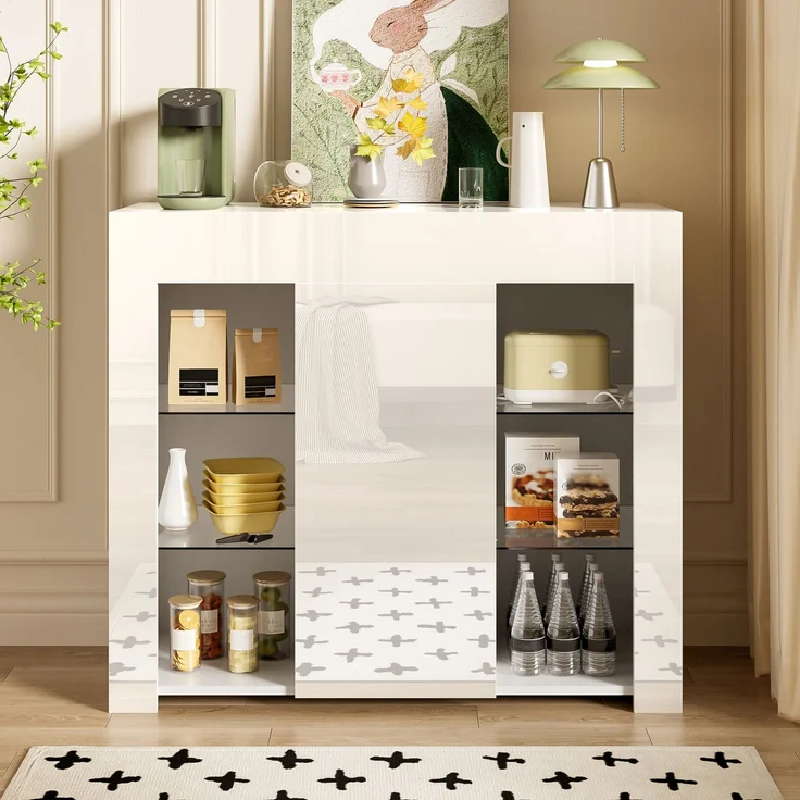 Abrihome Küchenschrank Buffet mit Glasregalen und Schranktür, Weiß, 83x35x95 cm – Bild 1