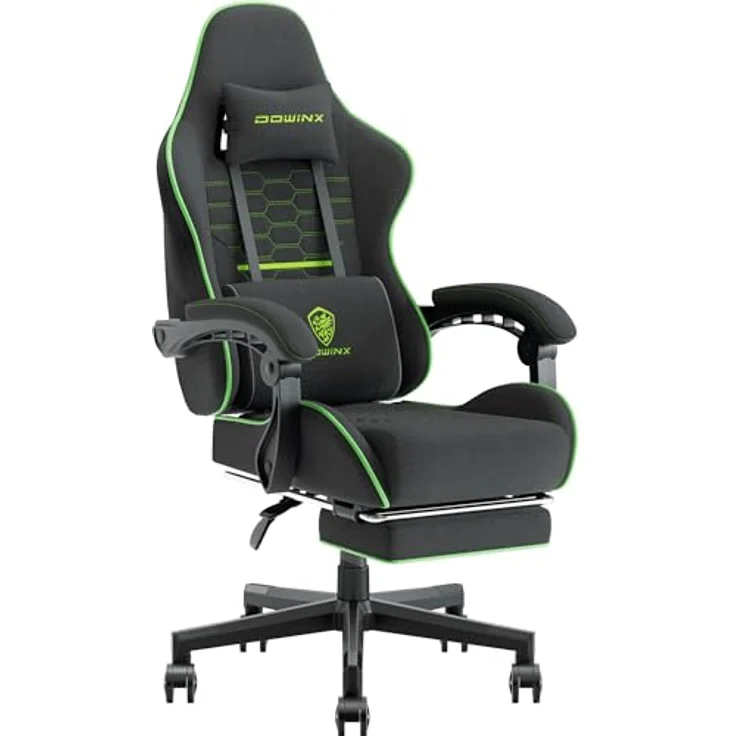 Dowinx Gaming Stuhl Bürostuhl Stoff Tasche Frühling Kissen, Massage Gamer Stuhl Stoff mit Kopfstütze, Ergonomische Bürostuhl mit Fußstütze (Schwarz und Grün) – Bild 2