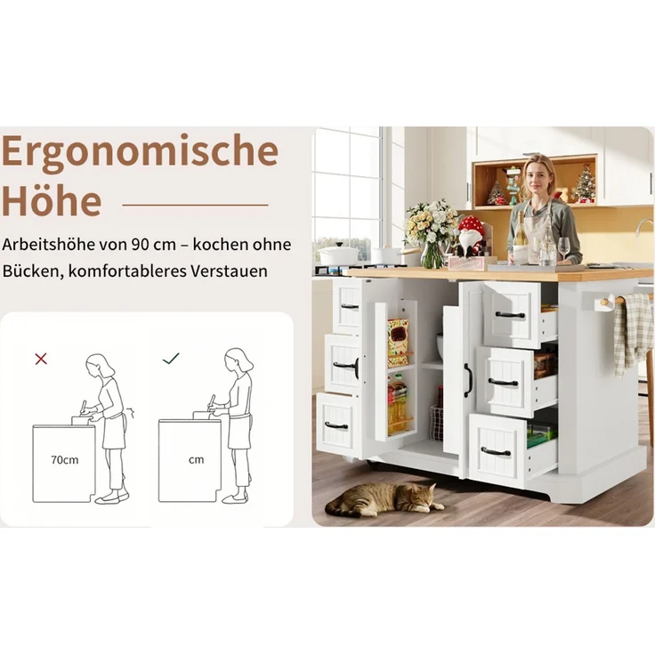 TavilaEcon Küchenwagen mobil, Küchenschrank, Küchenwagen mit 2 Türen & 6 Schubladen weiß 91 × 75 × 120 cm (H × T × B) – Bild 8