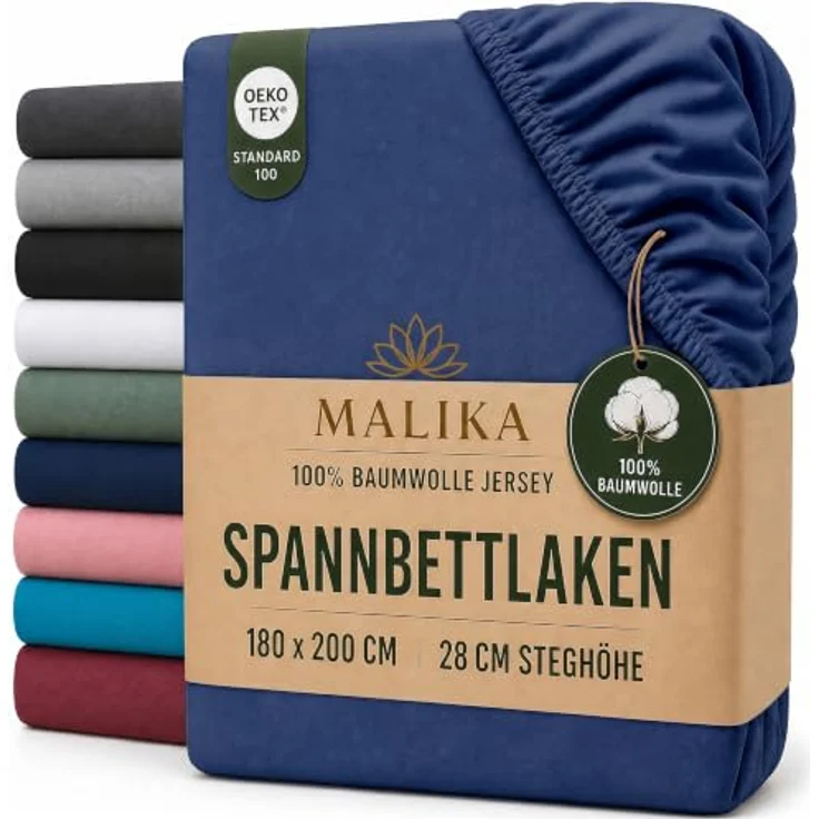 MALIKA® Spannbettlaken 120x200cm Baumwolle, Jersey, Matratzenhöhe bis 28 cm, Oeko-Tex zertifiziert, faltenfrei und atmungsaktiv – Bild 1