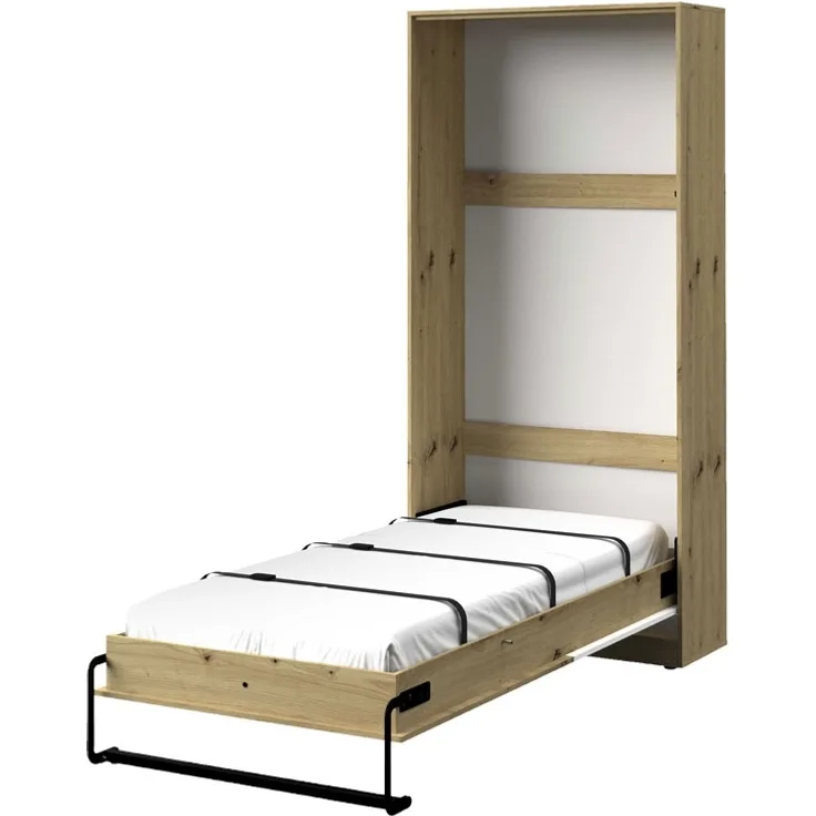 Schrankbett Nero Einzelbett 90x200 cm vertikal artisan eiche weiß Hochglanz Griffe grau