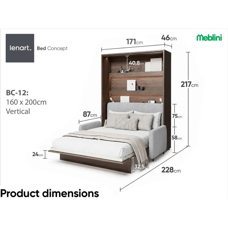 MEBLINI Schrankbett BC-12 - 160x200cm Vertikal - Dunin Eiche/Grau - mit Sofa - Wandbett mit Lattenrost - Klappbett mit Schrank - Wandklappbett - Murphy Bed – Bild 7