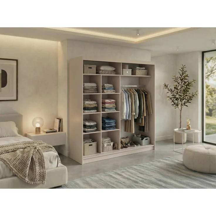Schwebetürenschrank NAURU mit Lamellen-Optik, moderner Kleiderschrank, Breite 200 cm, inkl. Innenausstattung & Stauraum, Akustikpaneel-Design - Kaschmir und Schwarz – Bild 3