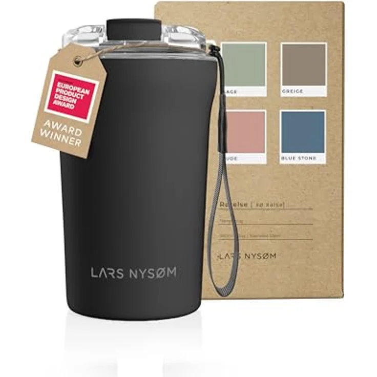 LARS NYSØM Thermo Kaffeebecher to go mit Trageschlaufe & Tritan Deckel | Travel Mug 0,38 Liter mit Isolierung | Auslaufsicherer Edelstahl Thermobecher für Café & Tee (Carbon Black, 380ml) – Bild 1