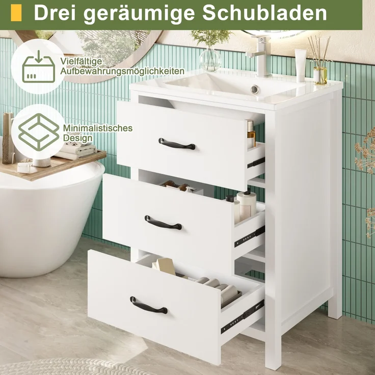 Waschtisch 61 x 47 x 83 cm mit Keramikbecken und drei Schubladen, Weiß – Bild 4