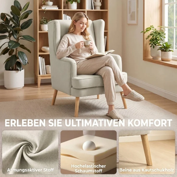 Akzentstuhl, Sessel mit Leinen-Optik, hoher Rückenlehne, breitem Sitz, Lendenkissen, Beige--Beige--77x77x110cm--YOUDENOVA – Bild 6