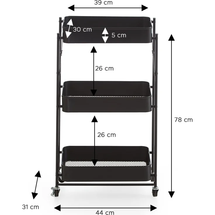 Homes & Jones Küchentrolley Bastian 31x44x78 cm aus schwarzem Metall - Rollwagen mit 3 Ablagen - Moderner Servierwagen für Küche, Essbereich & Haushalt - mobil, platzsparend – Bild 3
