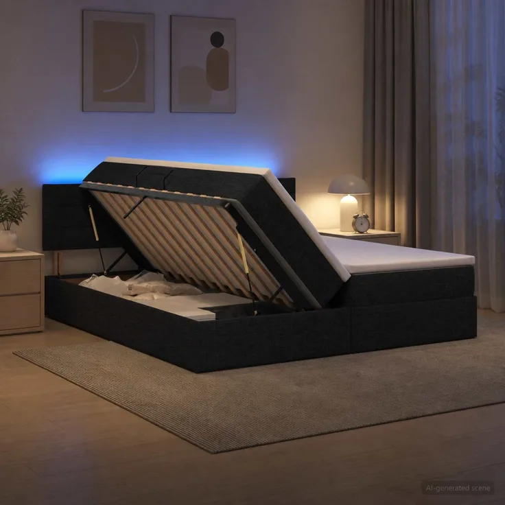 vidaXL LED-Speicherbett mit Matratze Schwarz 200 x 200 cm Stoff 3459344