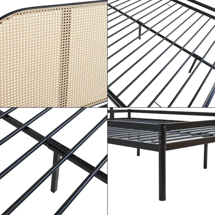 Metallbett Linköping mit ovalem Kopfteil 160x200 cm Schwarz/Rattanoptik [en. casa] – Bild 7