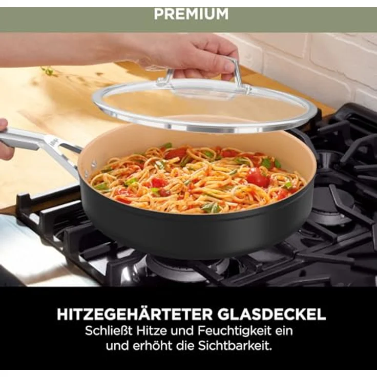 Ninja Extended Life 5-teiliges Keramik-Kochset (20 & 24cm Bratpfannen, 16, 18 & 20cm Kochtopf), antihaftbeschichtet (ohne PFAs, PFOAs, Blei, Cadmium), Ofenfest bis 285 °C, Terrakotta & Grau, CW95000DE – Bild 9