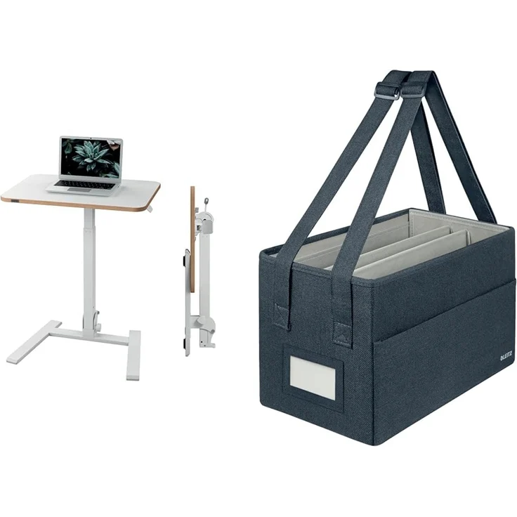 Leitz Set Ergo Klappbarer und höhenverstellbarer Schreibtisch + Desk Sharing Compact Arbeitstasche, Kompaktes Stehpult mit Tragegriff, Belastbar bis 20 kg, 65x48 cm, Weiß, 65880001 + 65760089