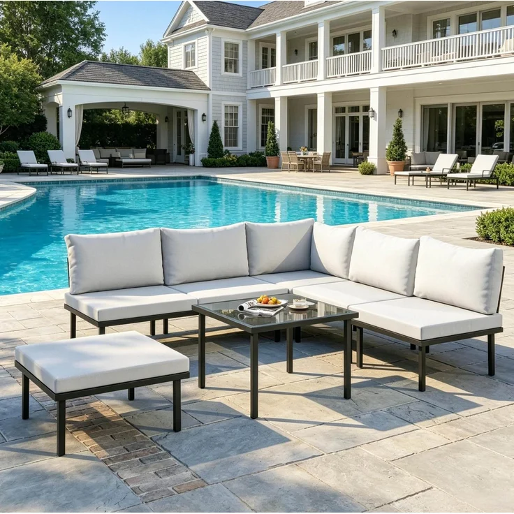6-teiliges Gartenlounge-Set mit Glas-Couchtisch, 64x116x60,5 cm, Schwarz/Hellgrau – Bild 2