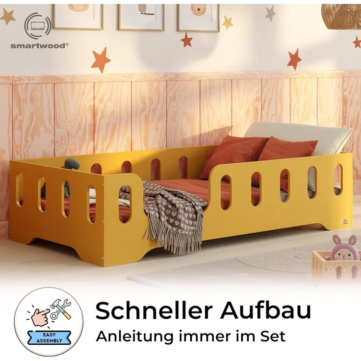 smartwood Kinderbett Bodenbett 80x200 mit Rausfallschutz & Lattenrost - Senfgelb - Kinder Montessori Bett TILA 2L mit glatten Kanten - Betten für schnelle Montage - Bis 230 kg belastbar – Bild 4